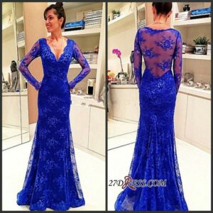 2021 Lace Elegant Long-Sleeve Rpyal-Blue Evening Dress_Evening Dresses_Prom &amp; Evening_High Quality Wedding Dresses, Prom Dresses, Evening Dres