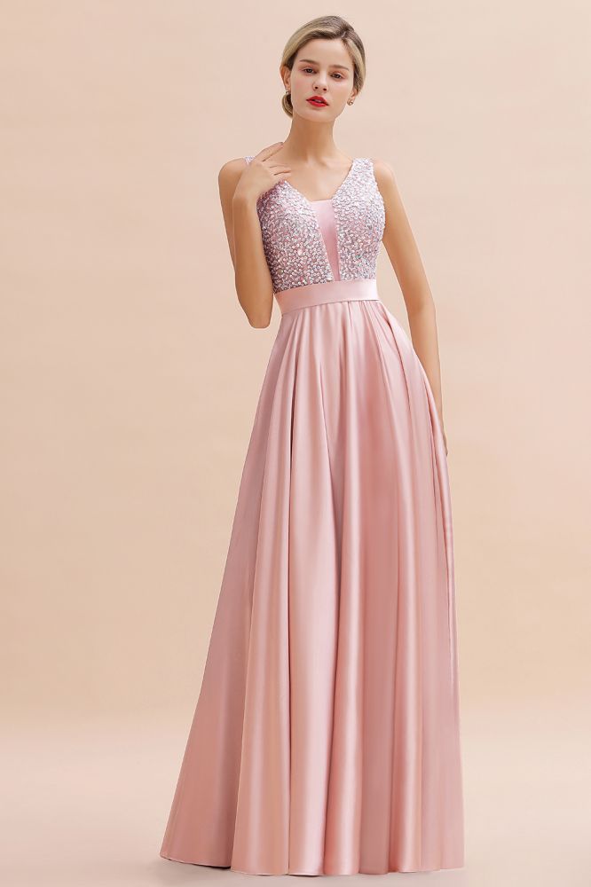 Arik | Cinturón de lentejuelas rosa perla simple plisado largo vestido de fiesta barato