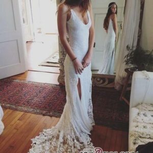 2021 Gorgeous Lace Sleeveless V-Neck Split Beach Wedding Dress_Wedding Dresses_High Quality Wedding Dresses, Prom Dresses, Evening Dresses, Bridesmaid