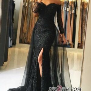 Black Overskirt Prom Dress With Split | 2021 Off-the-Shoulder Lace Evening Gowns BA6240_Evening Dresses_Prom &amp; Evening_High Quality Wedding Dr