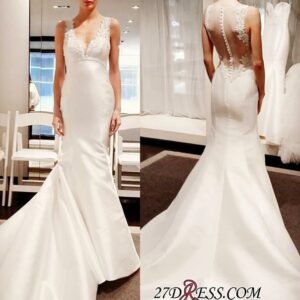 Zipper Sleeveless Button Mermaid Gorgeous V-Neck Lace Wedding Dress_2021 Wedding Dresses_Wedding Dresses_High Quality Wedding Dresses, Prom Dresses, E