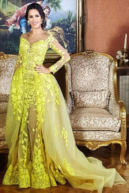 Elegantes vestidos de fiesta de encaje de manga larga cariño con falda desmontable | Vestidos de noche de tul amarillo barato
