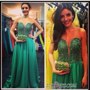 2021 Sweep Sweetheart A-line Green Train Beading Evening Gown_Evening Dresses_Prom &amp; Evening_High Quality Wedding Dresses, Prom Dresses, Eveni