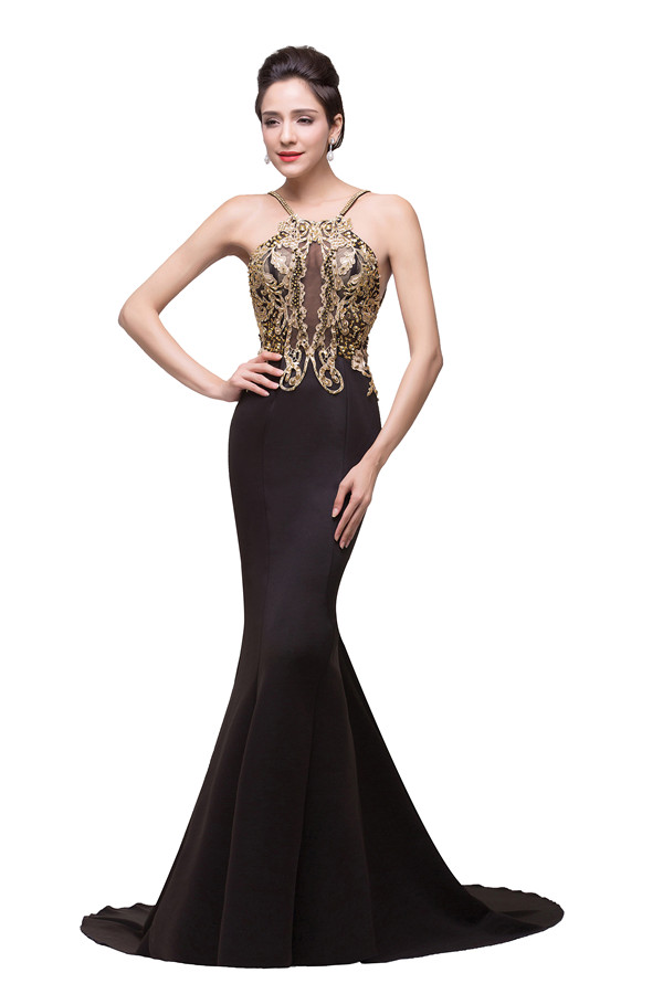 GEMMA | Mermaid Spaghetti strap Flower-length Black Formal Dresses with Beads