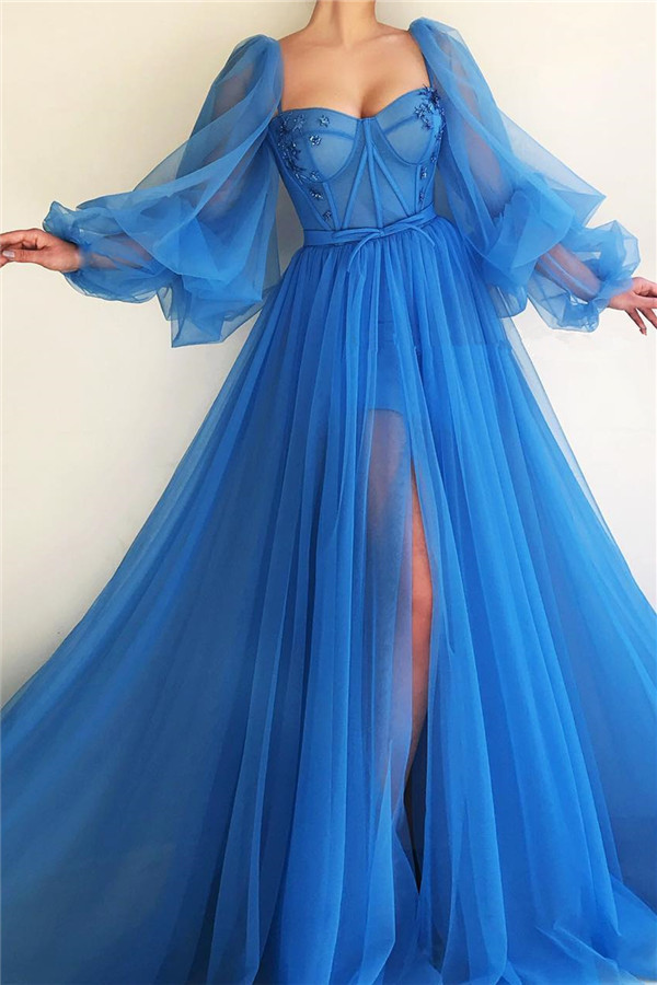 Sexy vestido de fiesta de manga larga cariño ver a través de blusa | Vestido de fiesta largo azul con abertura frontal barato