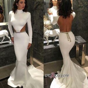 White High-Neck Long-Sleeve Sexy Backless Mermaid Evening Dresses BA4307_Evening Dresses_Prom &amp; Evening_High Quality Wedding Dresses, Prom Dre