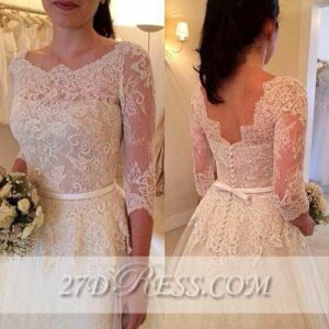 3/4 Sleeve Lace A-Line Wedding Dresses Tulle Bowknot Simple Bridal Gowns_A-Line Wedding Dresses_Wedding Dresses_High Quality Wedding Dresses, Prom Dre