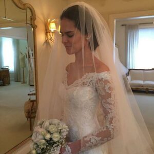 2021 Court-Train Lace Long-Sleeve Sheath V-neck Off-the-shoulder Wedding Dresses BA4066_Wedding Dresses_High Quality Wedding Dresses, Prom Dresses, Ev