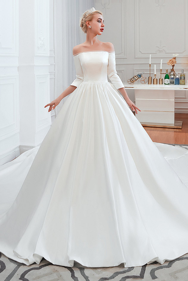 2/3 de manga larga vestido de novia blanco con pliegues suaves | Gwons nupciales de lujo simples para bodas de invierno