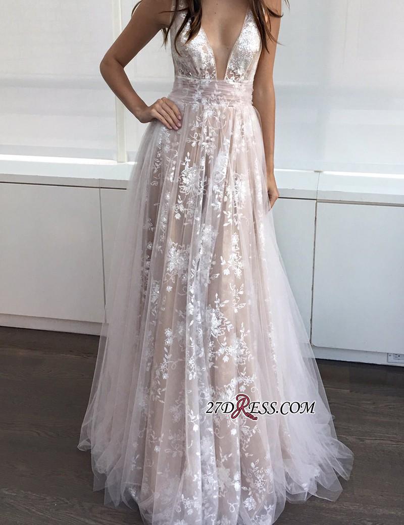 2021 A-line Layers Sexy Lace-Appliques Deep-V-Neck Prom Dresses_Prom Dresses_Prom &amp; Evening_High Quality Wedding Dresses, Prom Dresses, Evenin