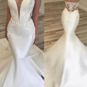 2021 Fashionable V Neck Mermaid Appliques Wedding Dress | Sleeveless Lace Zipper Bridal Gown On Sale_2021 Wedding Dresses_Wedding Dresses_High Quality