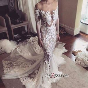2021 Sexy Mermaid Appliques Glamorous Tulle Long-Sleeves Wedding Dress BA7486_2021 Wedding Dresses_Wedding Dresses_High Quality Wedding Dresses, Prom