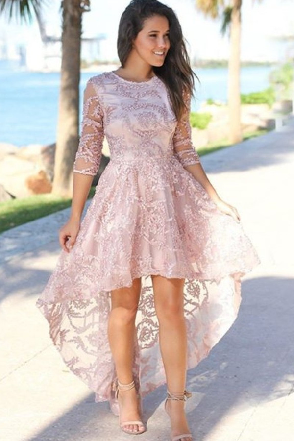 Chic Hi-Lo Jewel 3/4 mangas vestido de fiesta | Exquisito encaje rebordear vestido de fiesta rosa