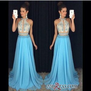 2021 Chiffon Sleeveless Lace-Appliques Halter Newest A-line Sweep-Train Prom Dress_Prom Dresses_Prom &amp; Evening_High Quality Wedding Dresses, P