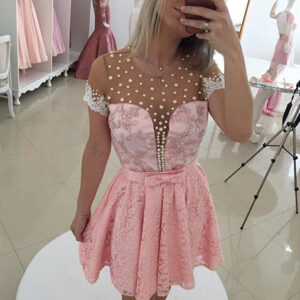 Sexy Short Sleeve Pink Cocktail Dress 2021 Lace Pearls BT0_Short Dresses_Prom &amp; Evening_High Quality Wedding Dresses, Prom Dresses, Evening Dr