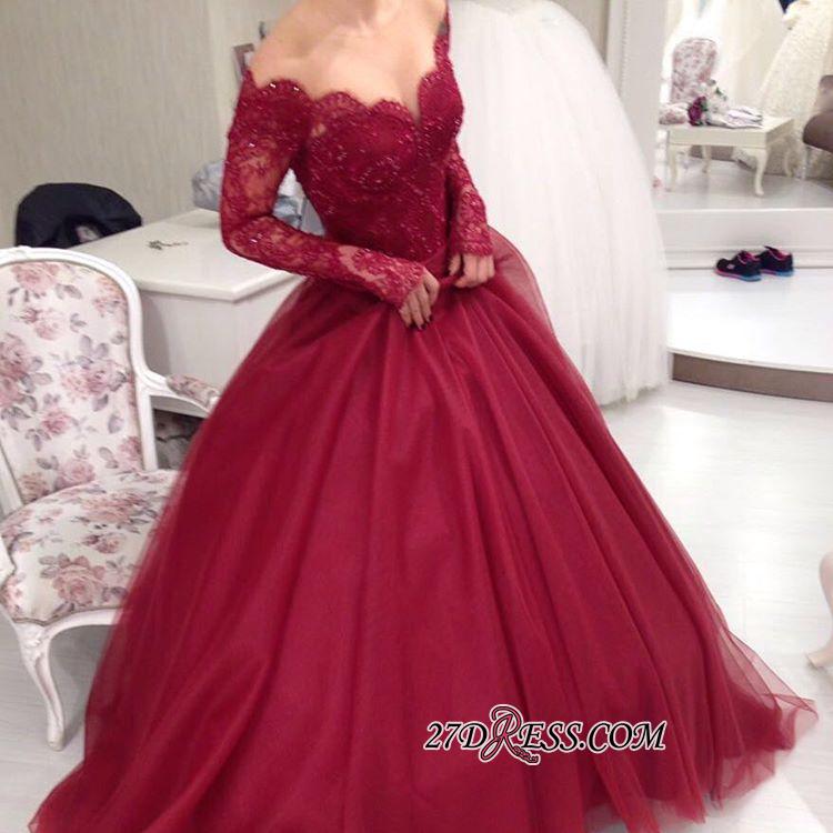 2021 Ball-Gown Princess Lace V-neck Long-Sleeves Tulle Off-the-shoulder Elegant Evening Dresses jj0074_Evening Dresses_Prom &amp; Evening_High Qua