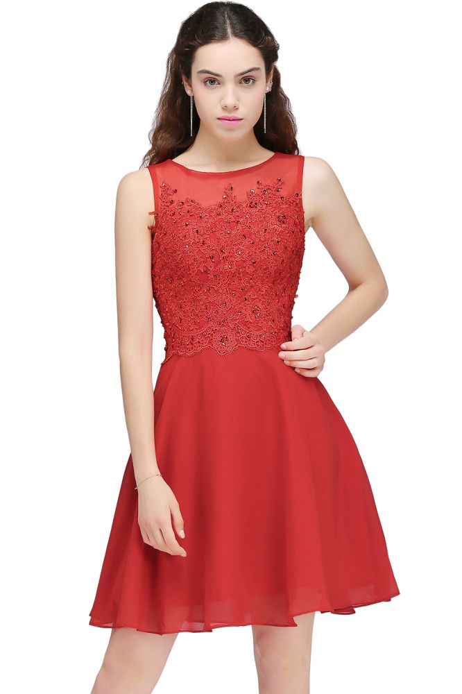 CASEY | Una línea de gasa corta vestidos de fiesta rojos con apliques de encaje
