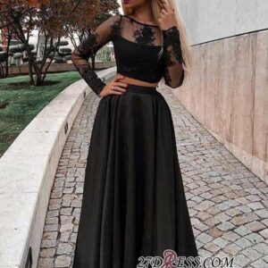 Two Pieces Long Lace Gorgeous Sleeves Black Evening Dresses_Evening Dresses_Prom &amp; Evening_High Quality Wedding Dresses, Prom Dresses, Evening