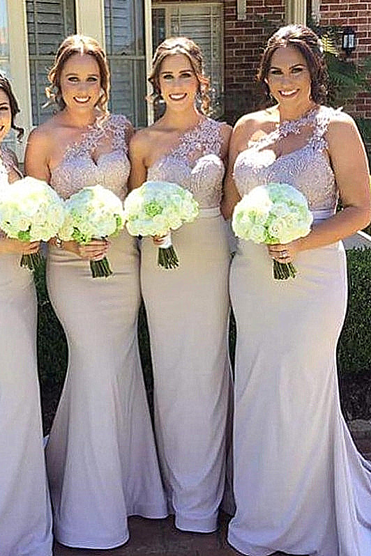 Elegantes vestidos de dama de honor sirena | Vestidos de fiesta de boda largos de encaje de un hombro