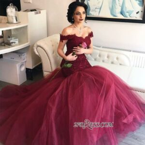 2021 Burgundy Off-the-Shoulder Tulle Lace Mermaid Newest Prom Dresses BA4286_Prom Dresses_Prom &amp; Evening_High Quality Wedding Dresses, Prom Dr