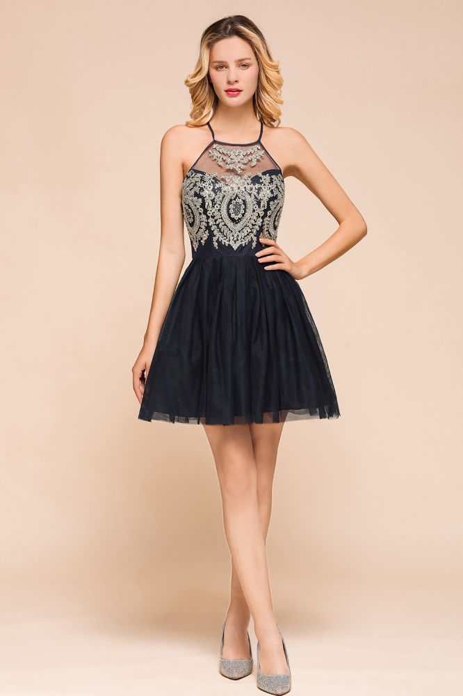 Arleana | Elegante vestido de fiesta corto de princesa halter negro