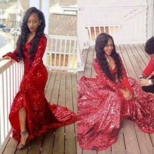 2021 Hi-Lo Red Mermaid Gorgeous Sweep-Train Long-Sleeve Sequined Prom Dress_Prom Dresses_Prom &amp; Evening_High Quality Wedding Dresses, Prom Dre