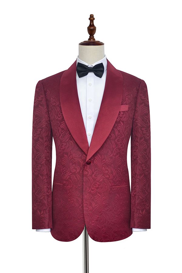 Jacquard de color rojo oscuro con 3 bolsillos de cuello chal traje de boda personalizado | Un solo botonadura Un botón personalizado para hombre traje