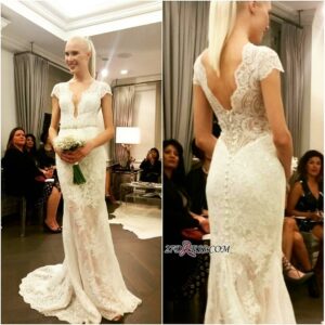 Cap-Sleeve Button Glamorous Designer Floor-Length Lace Wedding Dress_2021 Wedding Dresses_Wedding Dresses_High Quality Wedding Dresses, Prom Dresses,
