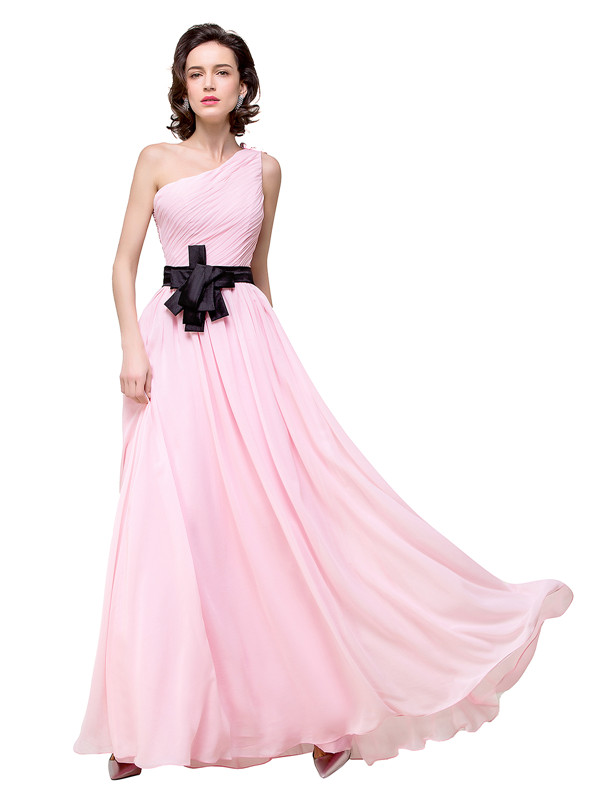HAILEY | A-line One-shoulder Floor-length Ruffle Pink Chiffon Bridesmaid Dresses With Sashes