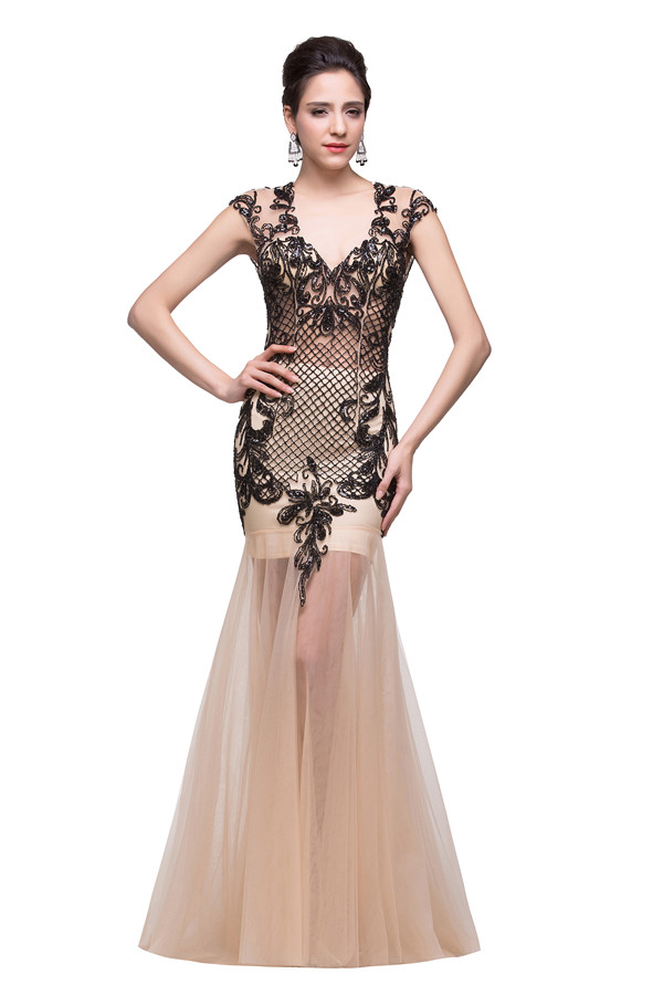 GIULIANA | Mermaid V-Neck Floor-length Champagne Prom Dresses With Applique