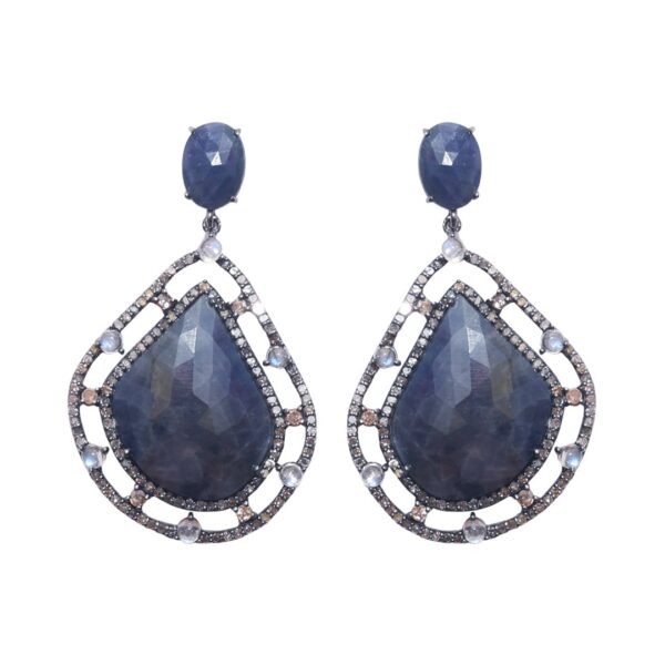 Organic Form Ornate Frame Earrings blue sapphire moonstone diamond silver