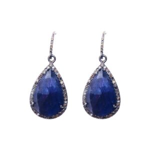 Pear Cut Diamond Halo Dangle Earrings blue sapphire silver