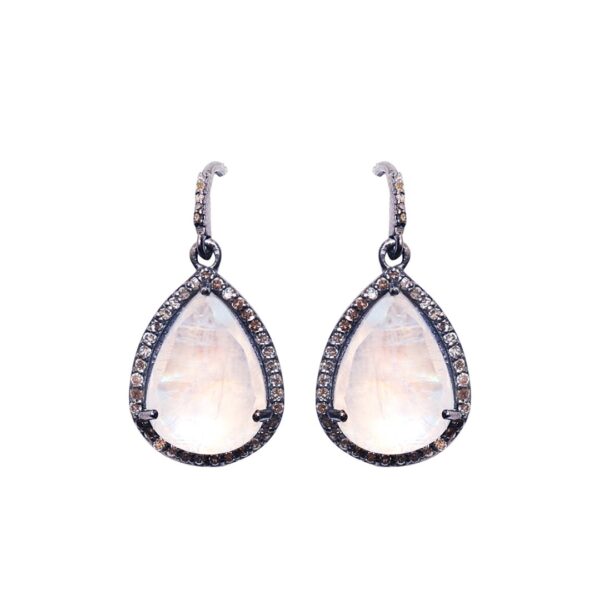 Pear Cut Diamond Halo Dangle Earrings moonstone silver