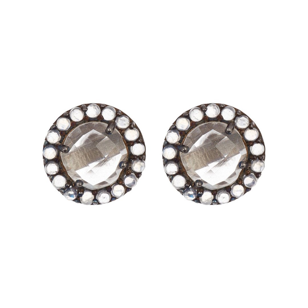Floral Halo Stud Earrings clear quartz moonstone silver
