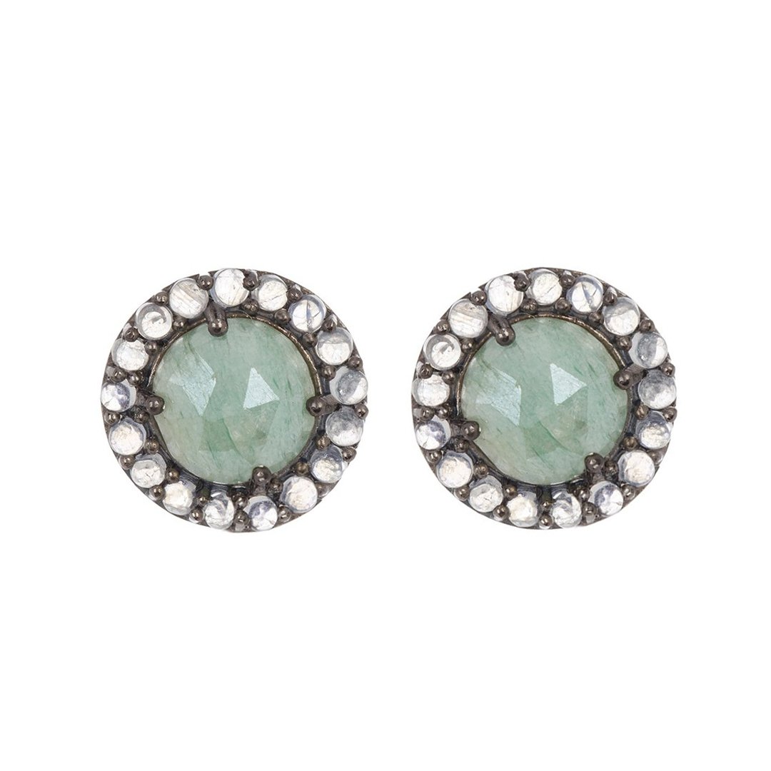 Floral Halo Stud Earrings green agate moonstone silver