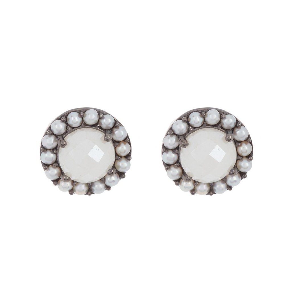 Floral Halo Stud Earrings white agate freshwater pearl silver