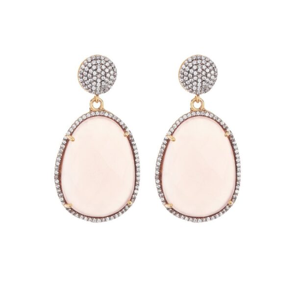 Organic Cut Faceted Halo Drop Earrings light pink chalcedony silver