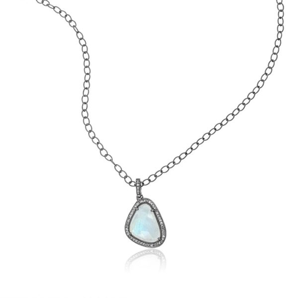 Slice Diamond Halo Moonstone Pendant Necklace silver