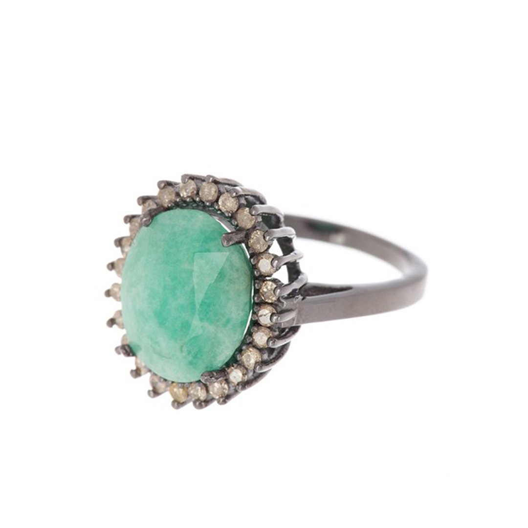 Floral Diamond Halo Emerald Ring silver