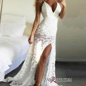White Lace Mermaid Prom Dresses | Spaghetti Straps Side-Slit Evening Dresses_Prom Dresses_Prom &amp; Evening_High Quality Wedding Dresses, Prom Dr