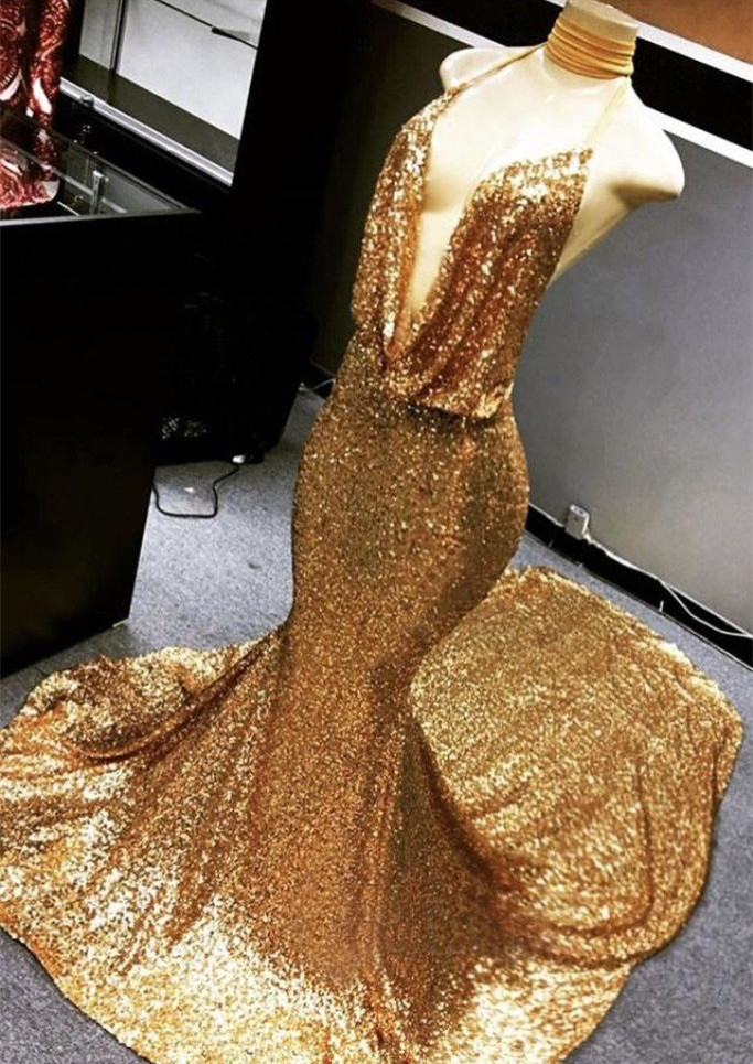 Vestido de fiesta con escote pronunciado con lentejuelas y efecto brillante de Gold Gold | Vestido de noche de sirena con cuello en V