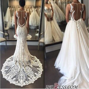 2021 Illusion Detachable-Train Lace Delicate Zipper Sleeveless Wedding Dress bd028_Trumpet / Mermaid Wedding Dresses_Wedding Dresses_High Quality Wedd