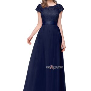 Bowknot Lace Open-Back A-Line Short-Sleeves Elegant Evening Dress_Clearance_High Quality Wedding Dresses, Prom Dresses, Evening Dresses, Bridesmaid Dr