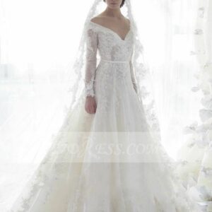 Bridal Long Sleeve Lace Wedding Dresses 2021 Elegant Off-the-shoulder Ball Gown Sweep Train Appliques Sash Sexy Gowns_Ball Gown Wedding Dresses_Weddin