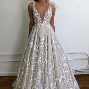 2021 Charming Deep V Neck Sleeveless A Line Wedding Dress | Hot Sell Lace Appliques Bridal Gown With Bow BC0645_2021 Wedding Dresses_Wedding Dresses_H