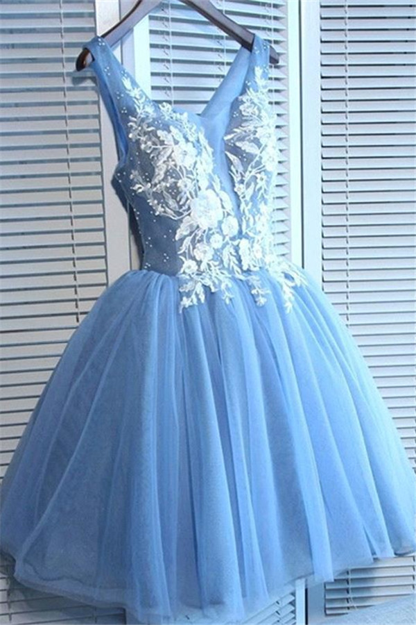 Elegantes vestidos de fiesta cortos azules | Vestidos de cóctel con cordones con cuello en V