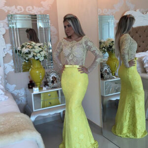 Stunning Yellow Long Sleeve 2021 Evening Dress Lace Mermaid Prom Gown_Evening Dresses_Prom &amp; Evening_High Quality Wedding Dresses, Prom Dresse