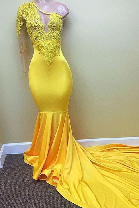Vestido de fiesta amarillo sirena de un hombro, vestidos de noche de encaje
