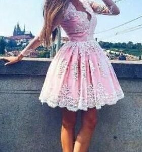 2021 Long-Sleeves Lace Pink Short Deep-V-Neck Homecoming Dresses_Homecoming Dresses_Prom &amp; Evening_High Quality Wedding Dresses, Prom Dresses,