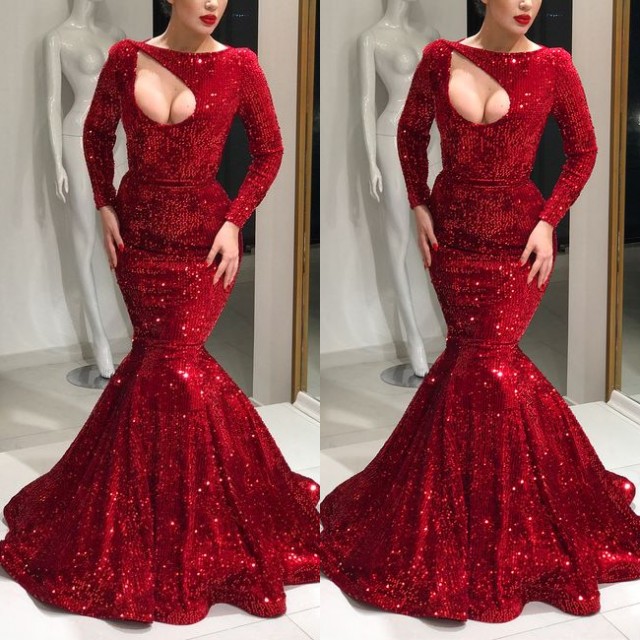 2021 Chic Long Sleeves Bateau Floor-Length Prom Gown | Mermaid Sequins Red Evening Dress On Sale BC1622_Evening Dresses_Prom &amp; Evening_High Qu